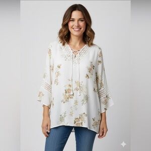 American Rag Floral Lace-Up Cream Tunic